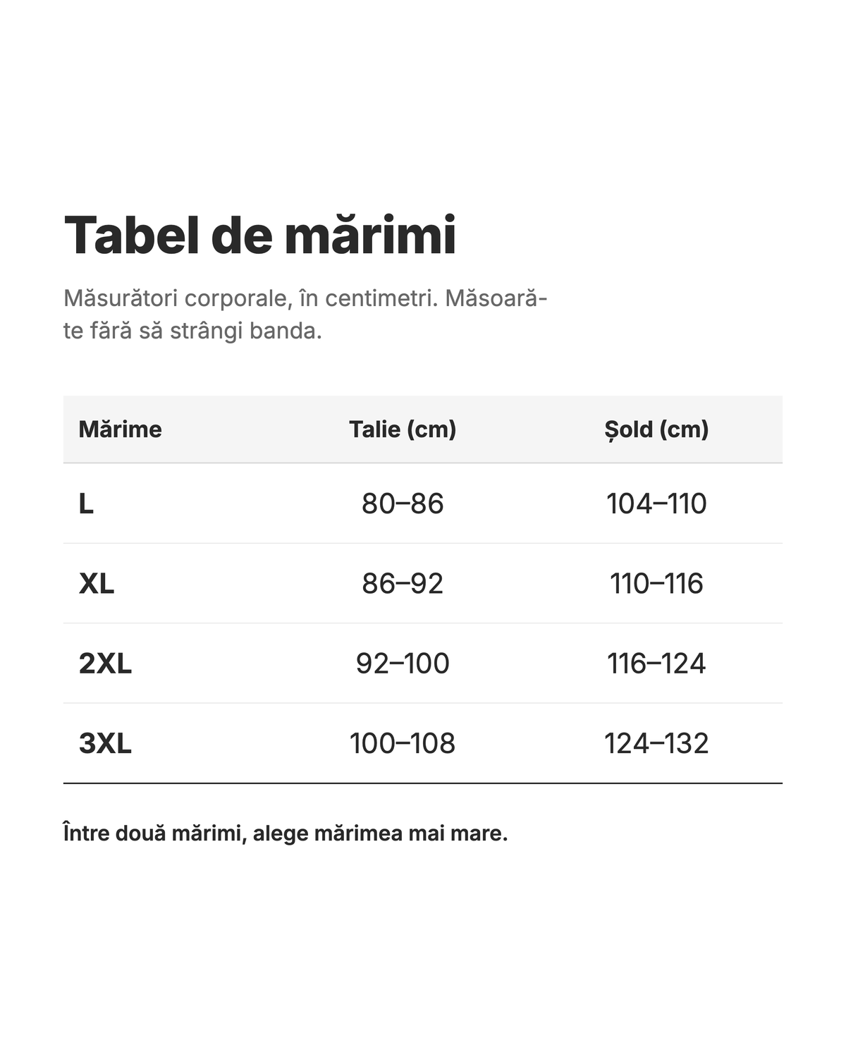 Tabel de mărimi în centimetri — Pantaloni